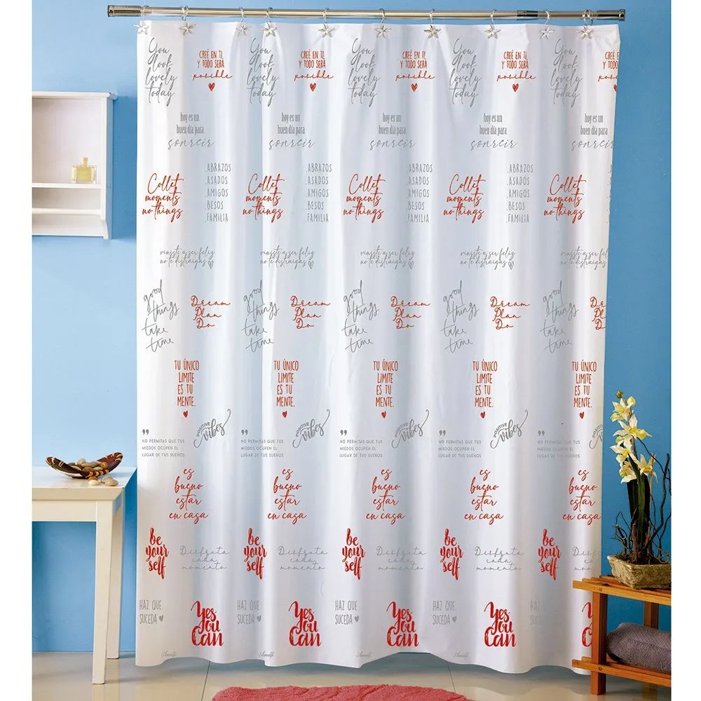 Cortina p/baño plastica AMALFI art 1068 – FRASES rojo