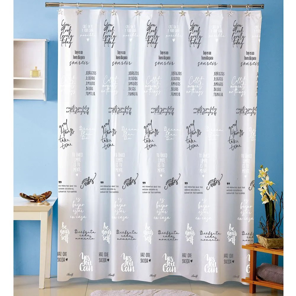 Cortina p/baño plastica AMALFI art 1068 – FRASES Blanco