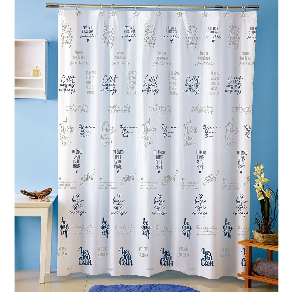 Cortina p/baño plastica AMALFI art 1068 – FRASES Azul
